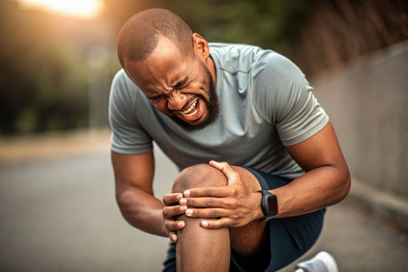 A male athlete in pain clutching his knee on an outdoor track, demonstrating a sudden sports injury and acute pain.の素材