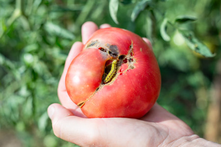A green worm, the larva of the cutworm moth, parasitizes a red tomato. Control of garden insect pests.の写真素材