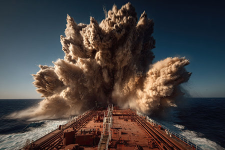 In the open sea, a tanker collided with a detached drifting anti-ship mine. The mine explodedの素材