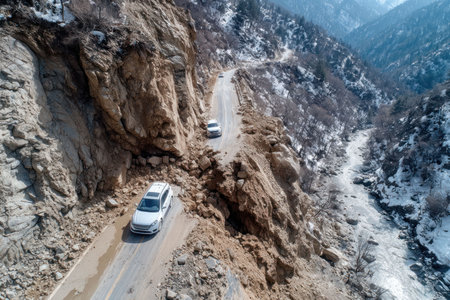 Landslide on a mountain road. Mudflow in the mountains. Difficult access for vehicles. Landslide. Traffic jam. Mountain road. Gorge. Mountain riverの素材