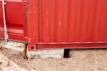 The base of a red corrugated shipping container rests on a concrete foundation block. container...