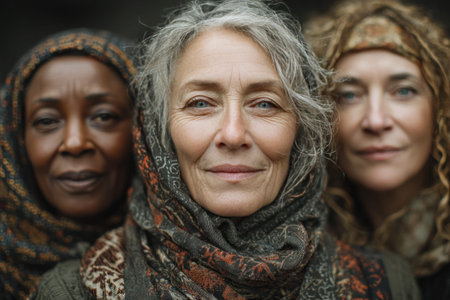 Close up portrait of three diverse mature women wearing textured scarves and looking at camera. diverse aging, cultural style.の素材