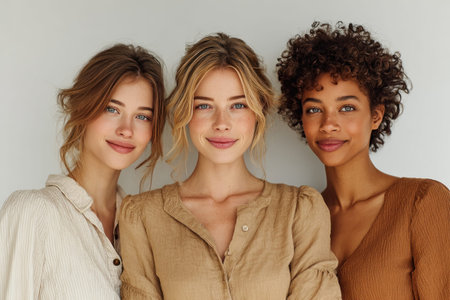 Three young women of different ethnicities in beige and brown clothing posing against a white background. multiethnic diversity, female fashion, autumn style.の素材