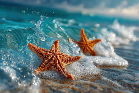 Two orange starfishes on a sandy beach with turquoise ocean waves and white foam. marine nature, summer vacation, tropical travel.の素材
