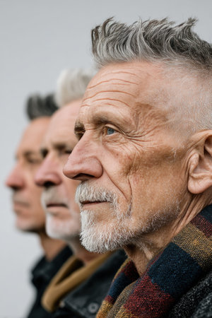 Close-up profile of three senior men with grey hair and beard against a white background. male maturity, elderly friendship, group portrait.の素材