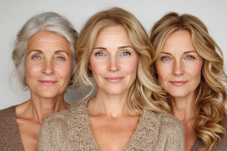 Portrait of three beautiful women of different ages with blonde and grey hair smiling together. female diversity, age groups, natural beauty.の素材