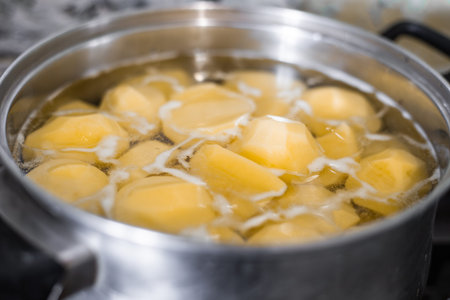 A pot of peeled and chopped potatoes is boiling in water on a stove. cooking food, preparing ingredients, potato dish.の写真素材