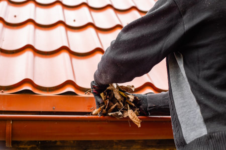 Close-up of hands in gloves removing dry brown leaves from a roof gutter. gutter cleaning, roof maintenance, autumn service. autumn.の写真素材