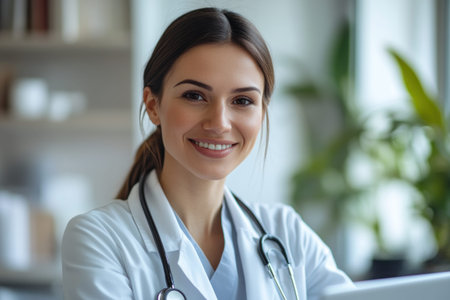 A friendly brunette female doctor in a white lab coat with a stethoscope looks at the camera. healthcare service, professional consultation, physician portrait.の素材
