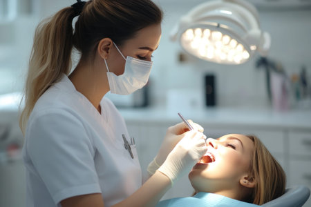 A dentist wearing a mask and gloves performs a dental procedure on a patient in a bright clinic. oral surgery, medical treatment, healthcare service.の素材