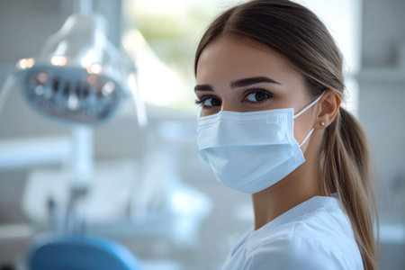 A female dental assistant in a white mask looks at the camera in a modern dental clinic. professional healthcare, medical staff, dentistry service.の素材