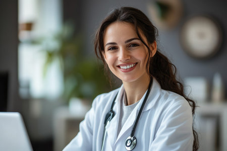 A smiling female doctor in a white lab coat with a stethoscope sits in a medical office. healthcare professional, friendly medical service, physician portrait.の素材