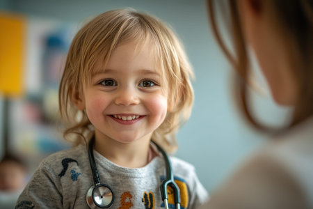 A happy young child with blonde hair smiles while a doctor uses a stethoscope for a medical examination. pediatric checkup, healthcare for children, medical diagnostic.の素材