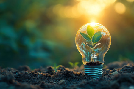 A light bulb with a green plant growing inside is placed on dark soil in a forest at sunset. clean energy, nature conservation, sustainable future.の素材