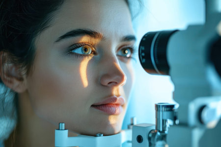A woman rests her chin on an ophthalmic machine during a professional eye examination in a clinic. vision screening, medical checkup, eye care.の素材