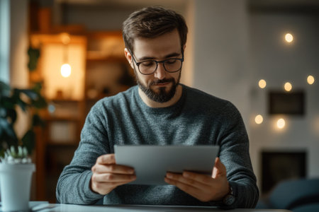 A man with a beard and glasses uses a digital tablet while sitting in a cozy home environment. digital browsing, mobile communication, smart lifestyle.の素材