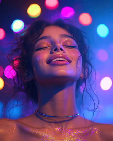 A young woman with glitter on her face smiles with closed eyes, wearing a necklace, under colorful bokeh lights. party glam, festive atmosphere, vibrant lighting.の素材