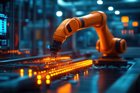 Close-up of an orange robotic arm assembling electronic components with glowing orange lights. electronics manufacturing, smart technology, industrial automation.の素材
