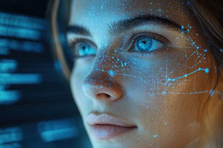 A woman with bright blue eyes has a digital neural network overlay on her face. artificial intelligence, technology, futuristic vision.の素材