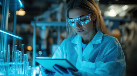 A woman scientist wearing goggles and a lab coat focuses on a digital tablet in a high-tech laboratory. scientific study, medical data, modern tech.の素材