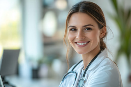 A smiling female doctor in a white lab coat with a stethoscope looks at the camera in a bright office. healthcare professional, medical service, friendly physician.の素材