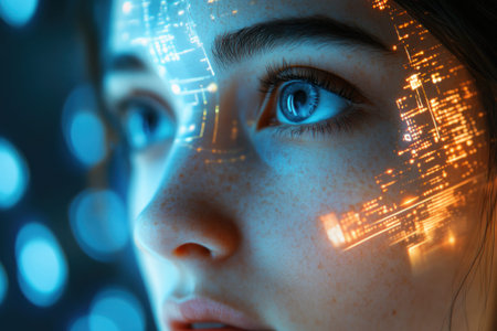 A woman's face with bright blue eyes features glowing orange digital data overlays. artificial intelligence, futuristic technology, data visualization.の素材