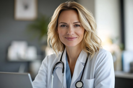 A smiling blonde female doctor in a white lab coat with a stethoscope sits at a laptop in a modern office. Healthcare professional, online medical service, teleconsultation.の素材