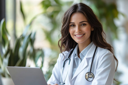 A friendly female doctor in a white lab coat with a stethoscope sits at a desk in a medical clinic. healthcare service, professional consultation, physician.の素材
