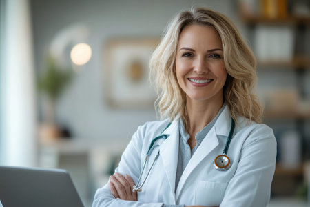A smiling blonde female doctor in a white lab coat with a stethoscope poses at her laptop in a bright medical office. Healthcare professional, medical career, teleconsultation.の素材