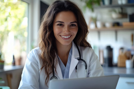 A smiling female doctor with long hair wearing a white lab coat and stethoscope works at a desk. medical consultation, healthcare service, friendly professional.の素材