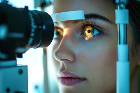 Close-up of a woman's eye being examined with a bright light from medical diagnostic equipment. eye test, optical exam, medical procedure.の素材