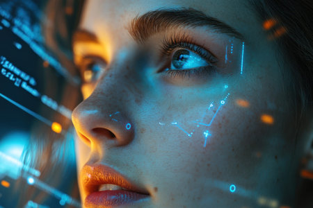 A woman's eyes are highlighted by glowing blue digital neural network overlays in a high-tech environment. smart technology, digital future, cyber security.の素材