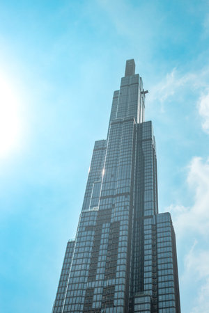The Landmark 81 skyscraper, a modern architectural marvel, towers over a city skyline. Vietnam travel, urban landscape, tall building.Vietnam, Ho Chi Minh City, December 13, 2025