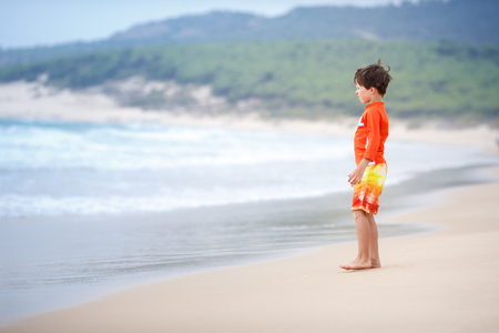 Six years old boy playing on exotic beachの写真素材
