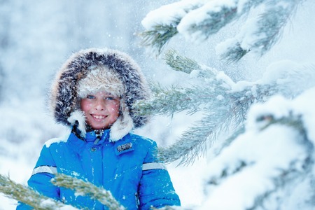 Cute little boy wearing warm clothes playing on winter forestの写真素材