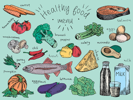 Healthy food menu, avocado, broccoli, carrot, celery, cheese, chili, eggplant, eggs, fish, lettuce, milk, mushroom, pumpkin, salmon, tomatoes, trout, onion, pepperのイラスト素材