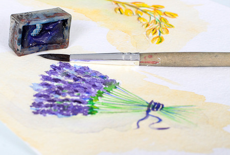 Beautiful photo of watercolor illustration with lavender in provence styleの写真素材