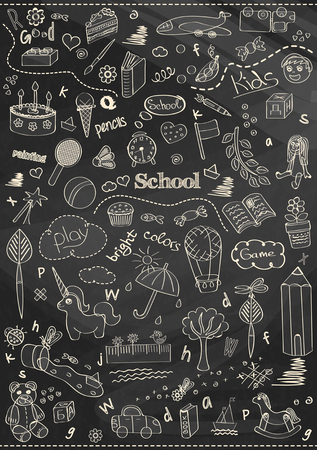 Beautiful chalk drawing children's school pattern for kids on the blackboard backgroundのイラスト素材
