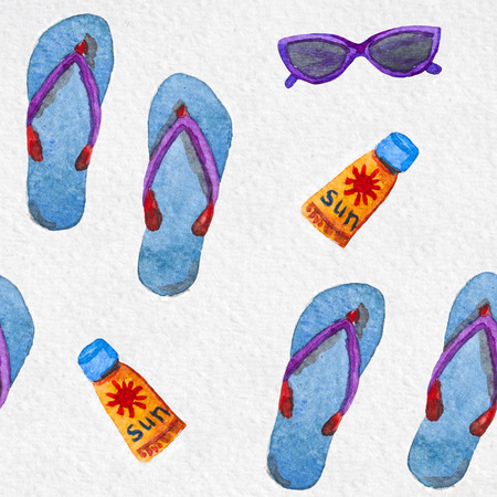 Flip flops, sunglasses and sunscreen watercolor summer seamless pattern
