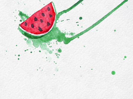 Summer illustration watermelon on the green watercolor splashの写真素材