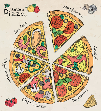 Beautiful illustration of Italian Pizza. Six slices of Margarita, Hawaii, Pepperoni, Vegetarian and Seafood pizzaのイラスト素材