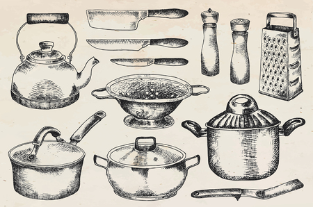 Kitchenware set. Beautiful tableware and kitchen utensils illustrationのイラスト素材