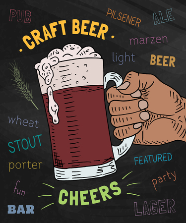 Beautiful poster of the glass of a craft on the chalkboard background. Cheersのイラスト素材