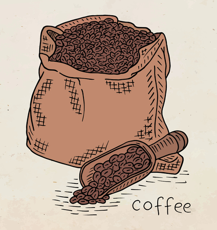 Beautiful illustration of coffee beans in the cotton bag.のイラスト素材