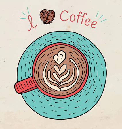 I love coffee. Beautiful illustration of a cup of cappuccino coffee and beansのイラスト素材
