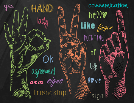 Hands illustrations. Signs hands. Fist agreement. Hello and okay signs. Friendshipのイラスト素材