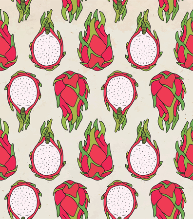 Pattern of sweet juicy dragon fruit seamless pattern. Summer exotic food. Beautiful hand drawn illustration of   fruits.のイラスト素材