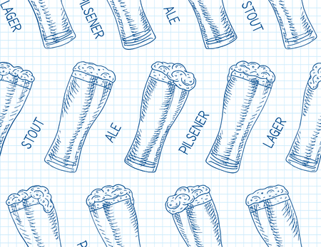 Beer featured seamless pattern. Beautiful illustration of stout, ale, light and lager beerのイラスト素材