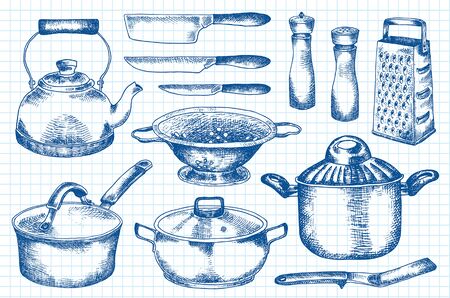 Kitchenware set. Beautiful tableware and kitchen utensils illustrationのイラスト素材