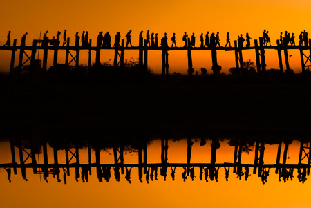 Mirror teak bridge U Bein. Burma.の写真素材